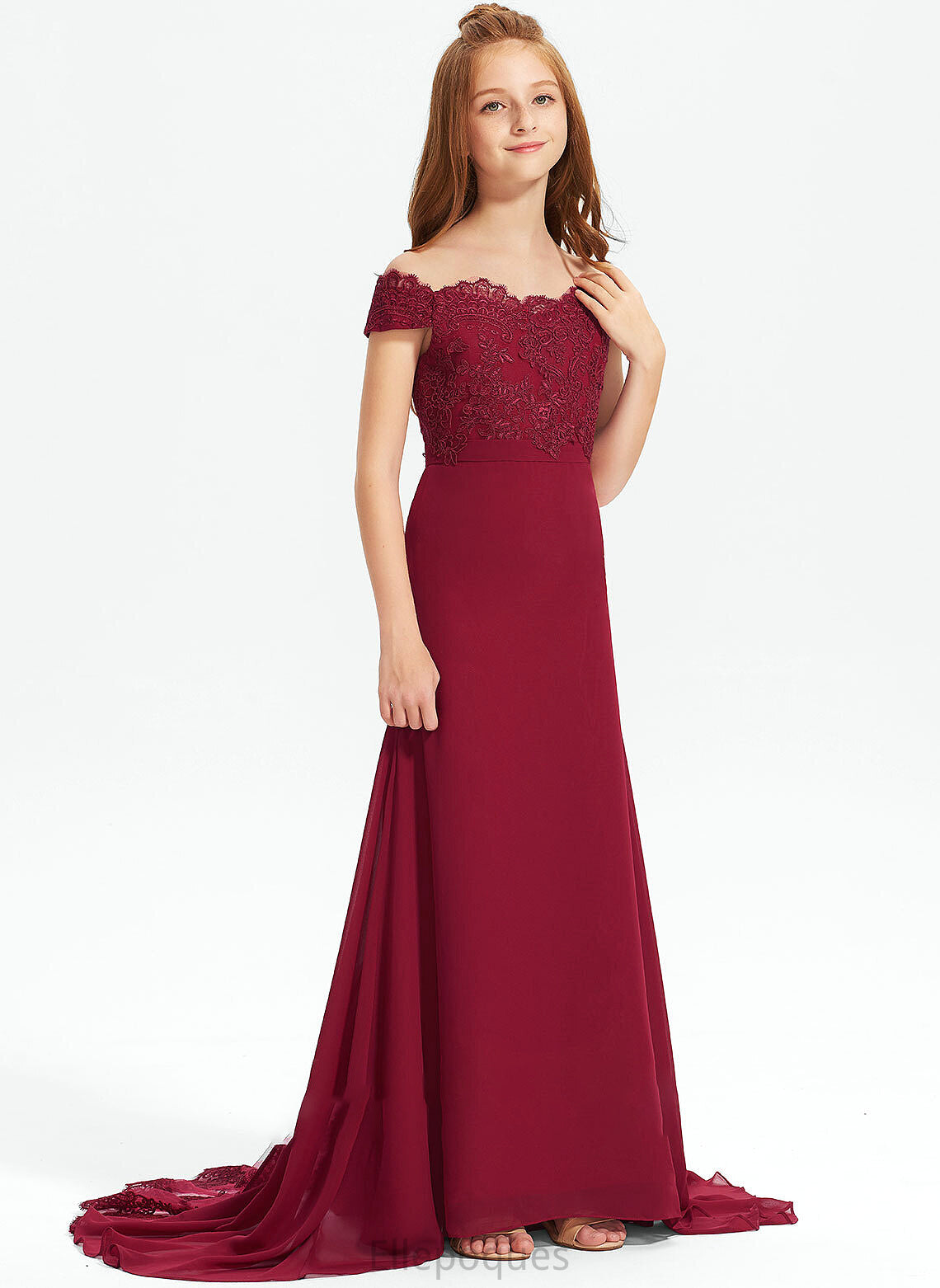 Lace Trumpet/Mermaid Macy Train Off-the-Shoulder Junior Bridesmaid Dresses Chiffon Court