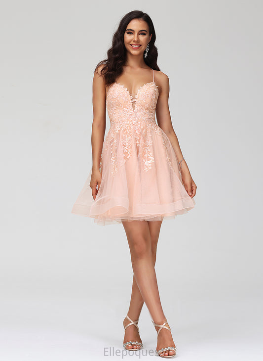 Sequins V-neck A-Line Lace Homecoming Homecoming Dresses Dress Tulle With Short/Mini Hayley