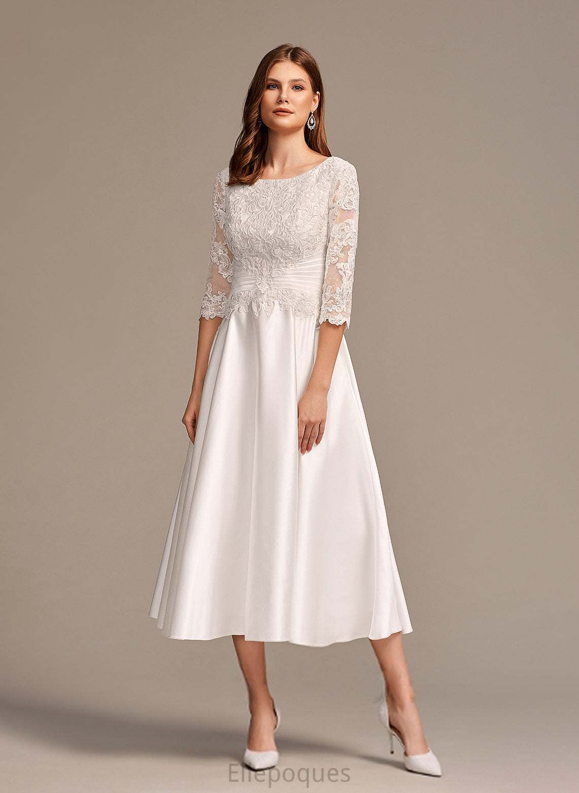 Wedding Mylie Dress Lace Wedding Dresses Satin A-Line Tea-Length Scoop