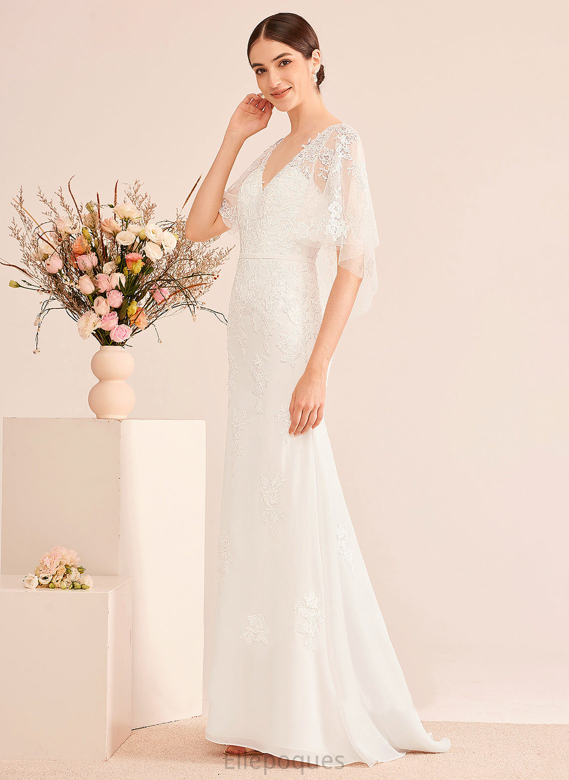 Chiffon Wedding Dresses Train With Trumpet/Mermaid Lace Wedding Court V-neck Bethany Sash Dress