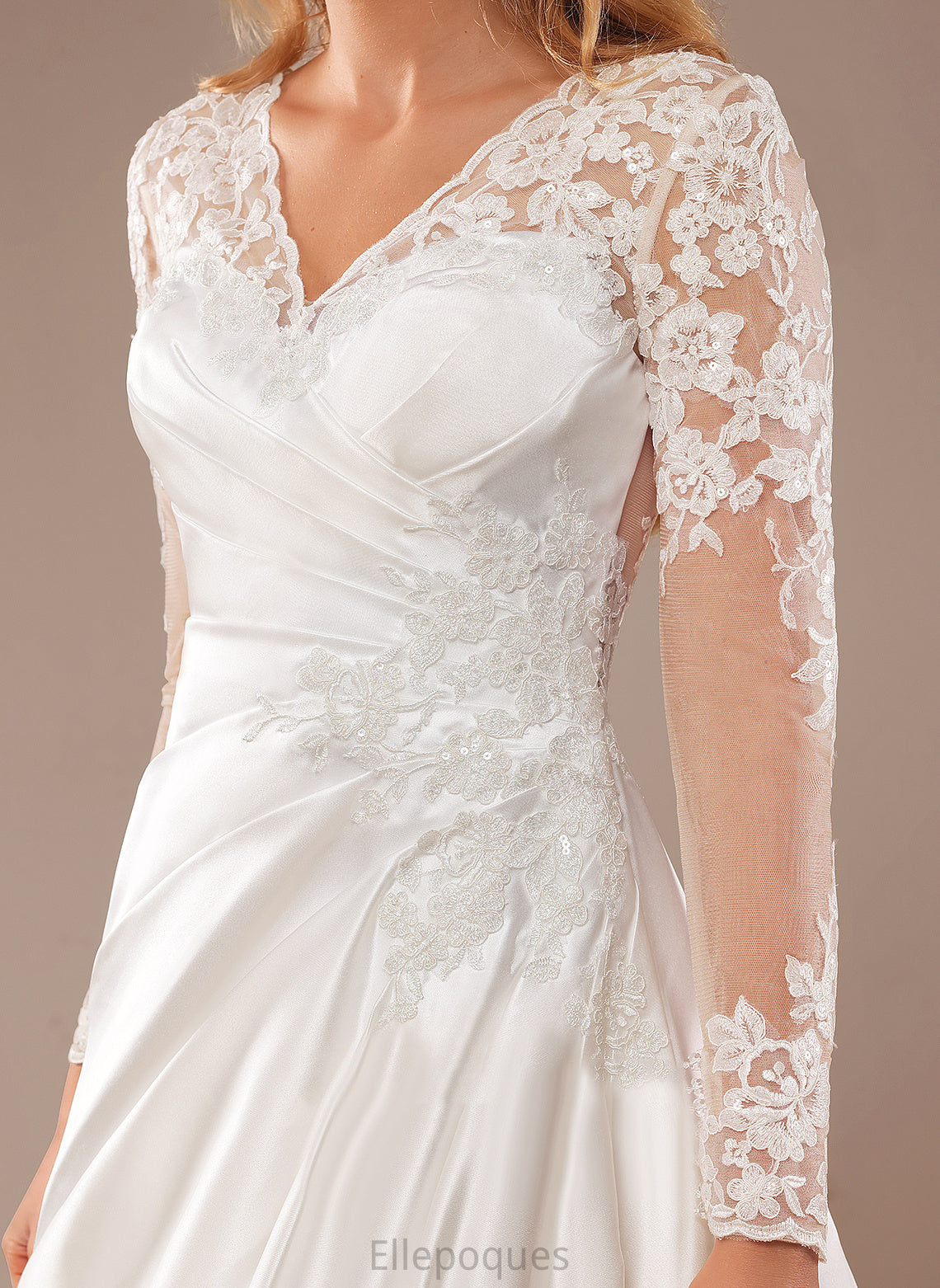 Wedding Dress A-Line Court V-neck With Train Lace Satin Sequins Lace Maria Wedding Dresses