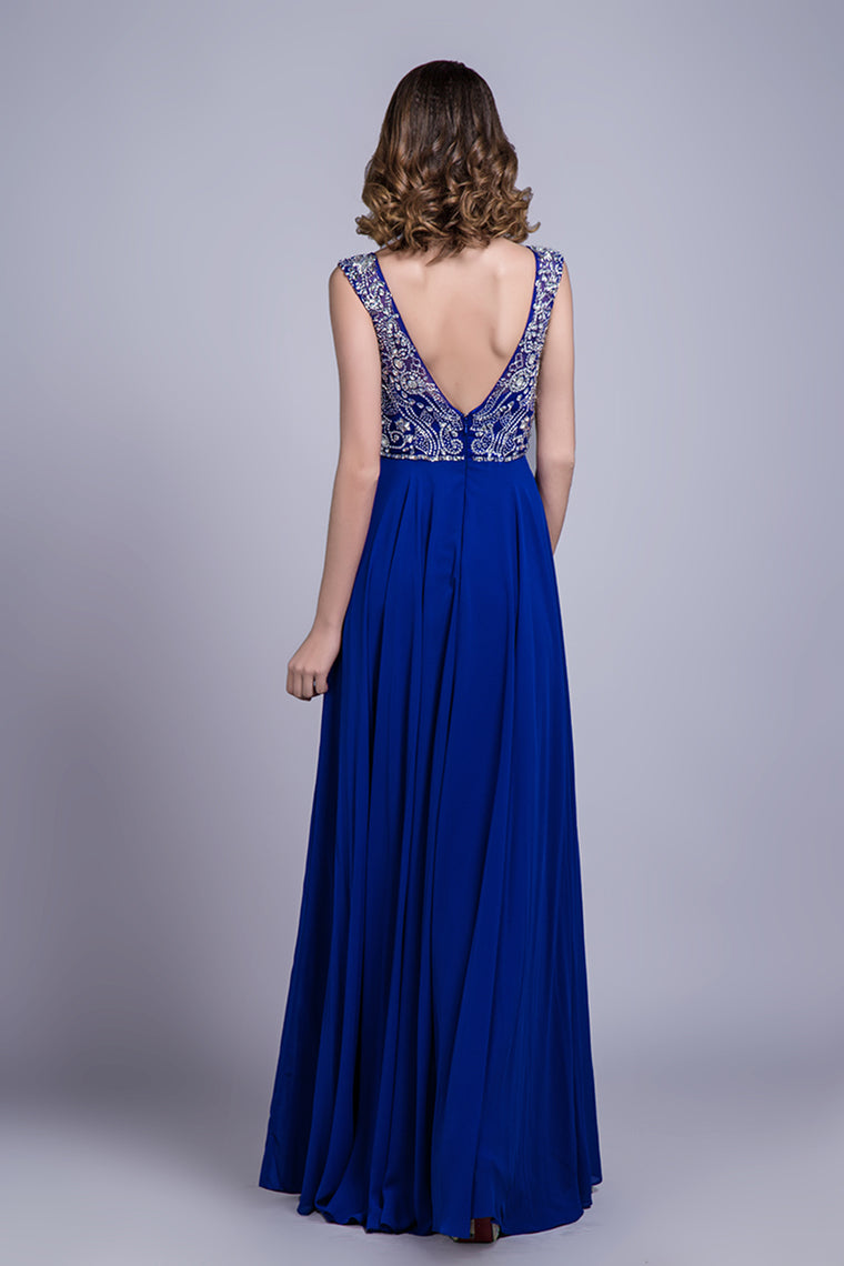 2024 Prom Dresses A-Line Scoop Floor-Length Dark Royal Blue Chiffon Beaded Bodice