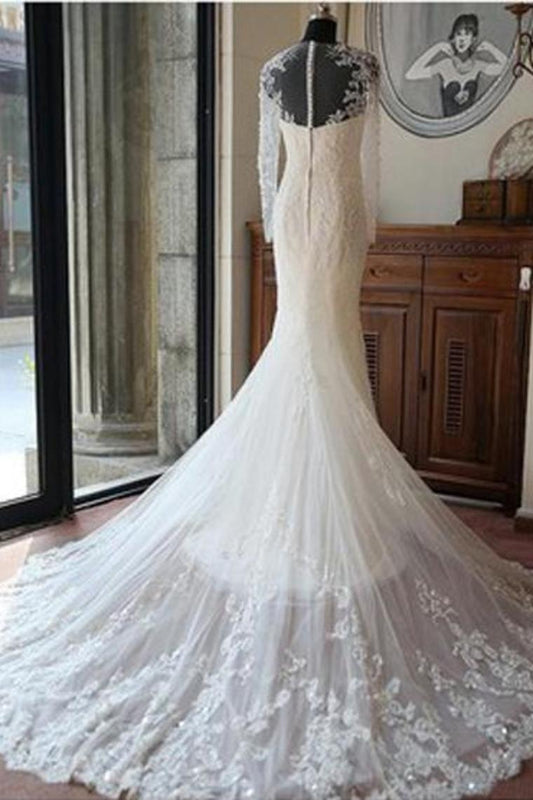 Sheath Mermaid Long Sleeves Ivory Lace Tulle Wedding Dresses