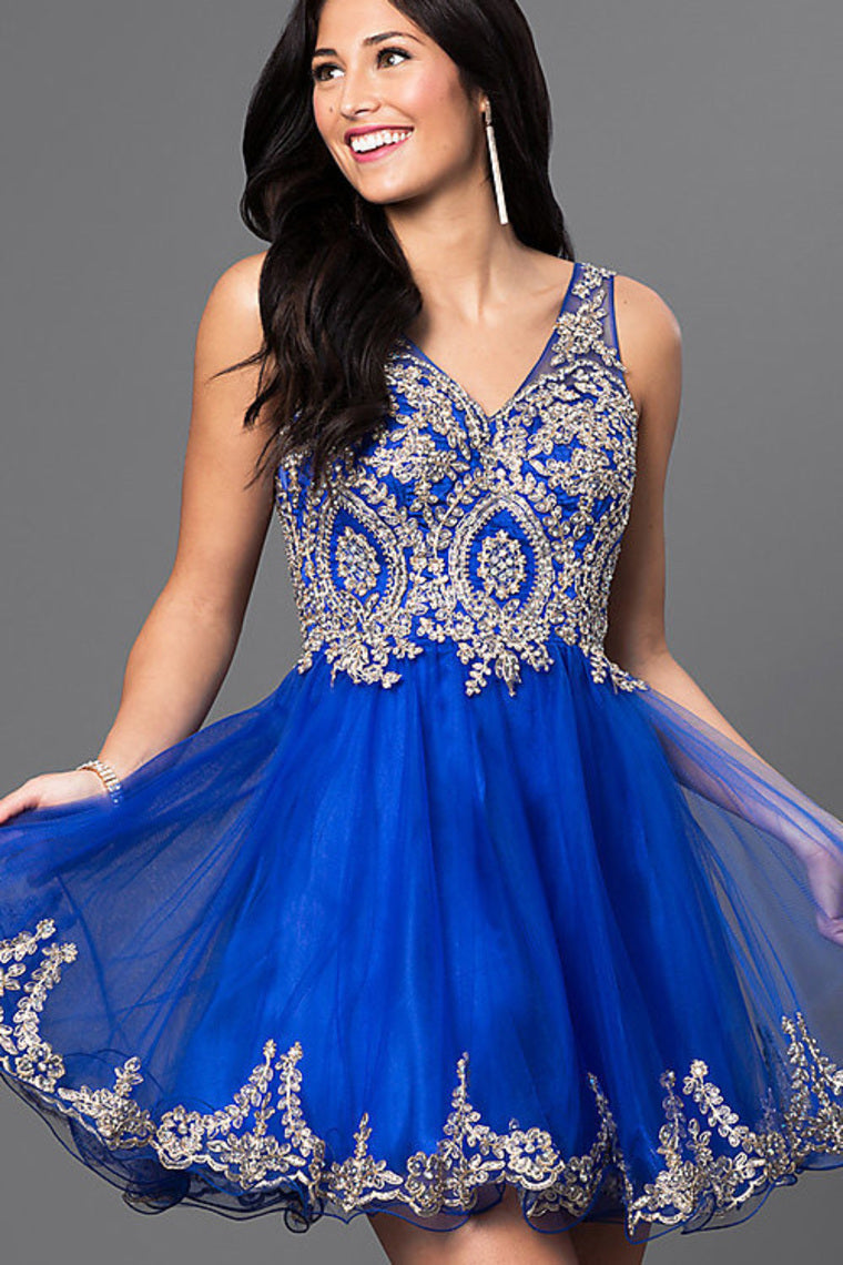 Short V-Neck Royal Homecoming Dress Quince_era Dress