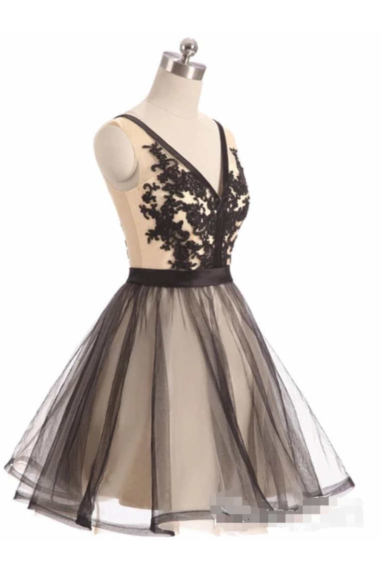 See Through Black Lace Short Dresses A Line V Neck Vintage Homecoming Dresses