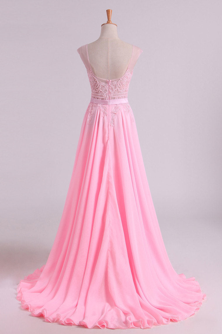 2024 Sexy Prom/Wedding Dresses With High Slit A-Line Scoop Chiffon With Embroidery & Beading