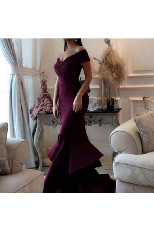 2024 Unique Mermaid Off The Shoulder Ruffled & Split Burgundy Chiffon Long Prom Dresses Evening Dresses