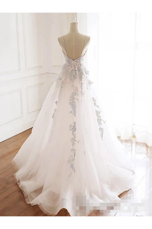 Beaded Spaghetti Strap Illusion V Neckline Wedding Dress With Colorful Appliques