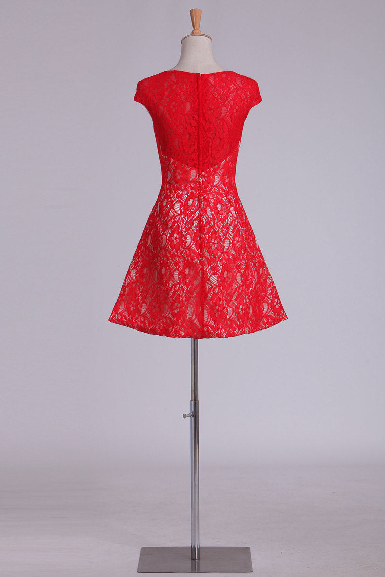 2024 Lace Bateau Homecoming Dress A Line Red Short/Mini