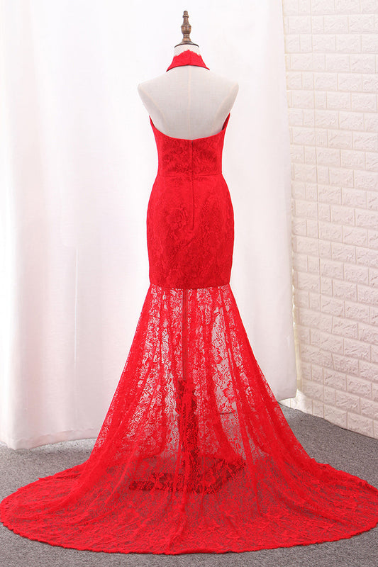 2024 Mermaid High Neck Prom Dresses Lace With Slit Sweep Train