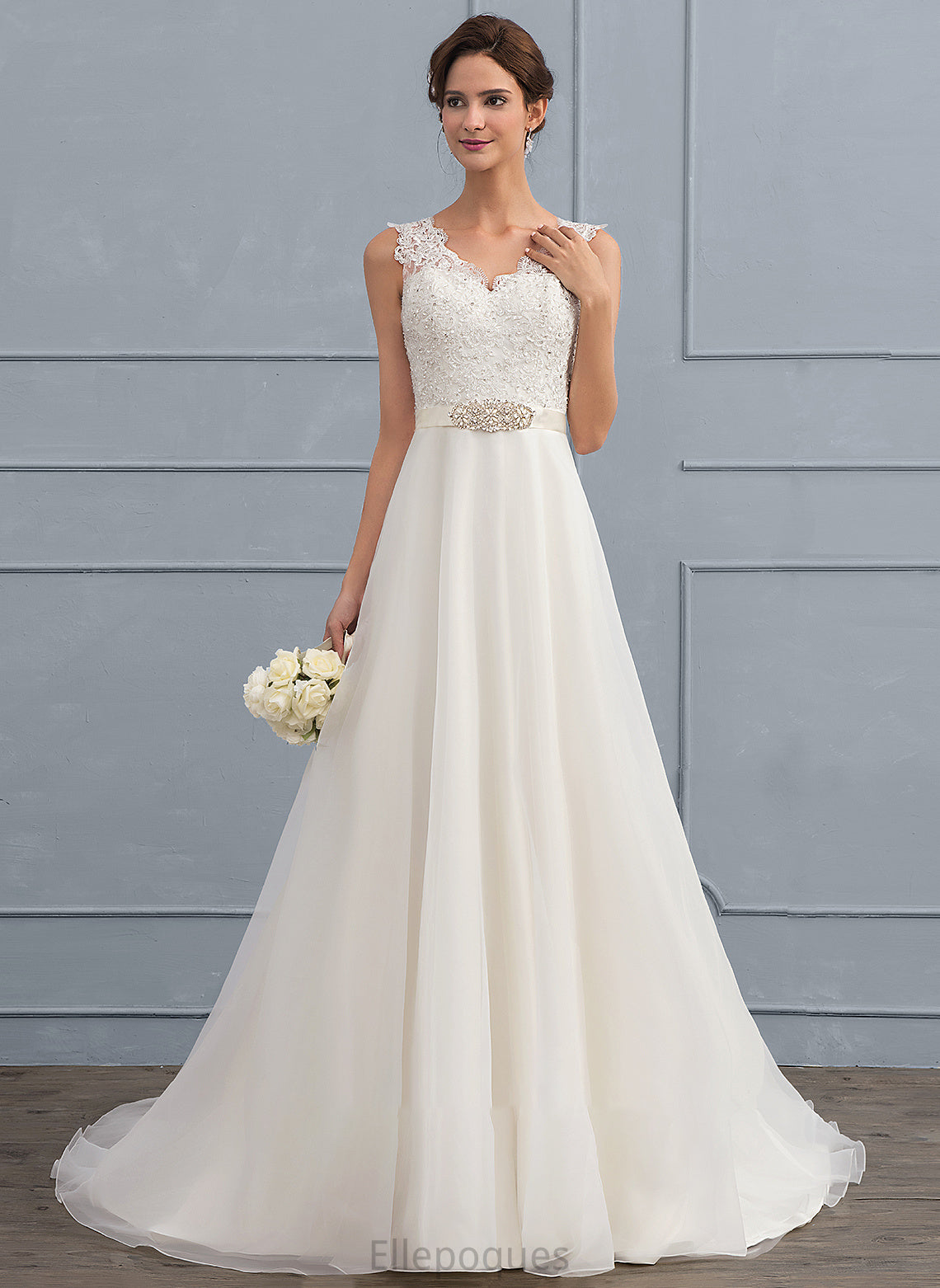 Wedding Dresses Beading With Sweep A-Line Organza V-neck Wedding Dress Bow(s) Cheyenne Train