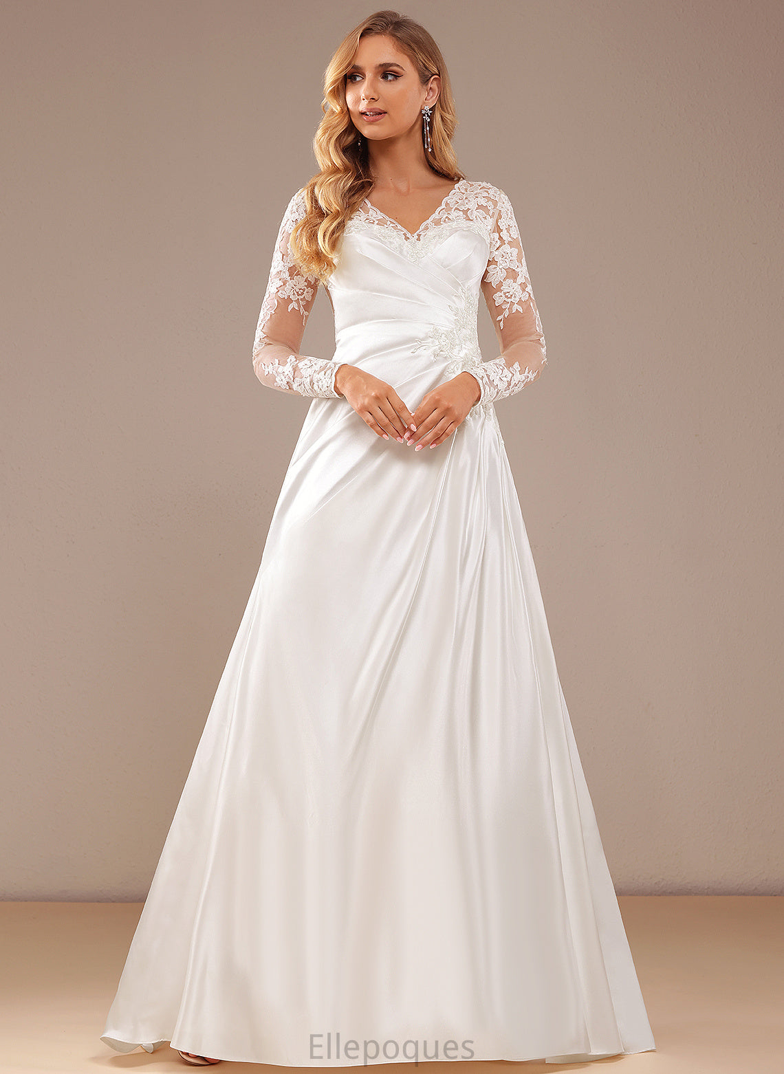 Wedding Dress A-Line Court V-neck With Train Lace Satin Sequins Lace Maria Wedding Dresses