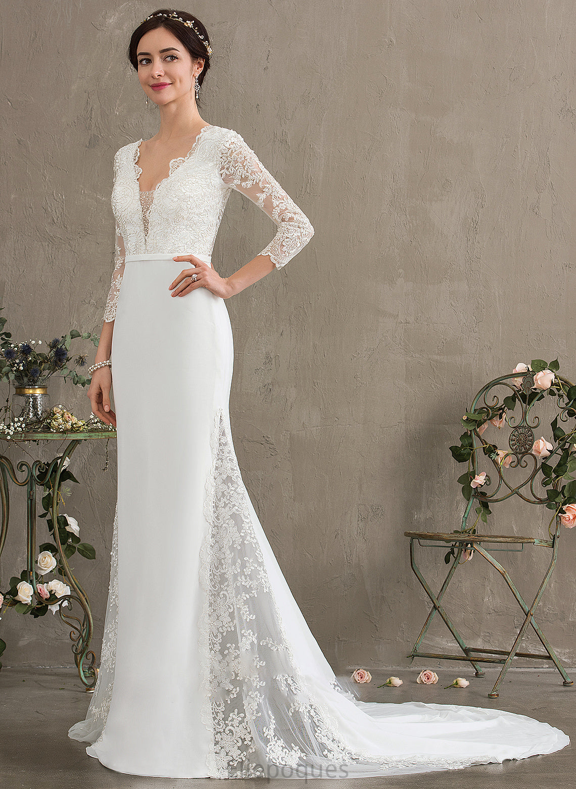 Chiffon Michaela Train Beading Wedding Dress Trumpet/Mermaid V-neck With Chapel Sequins Wedding Dresses