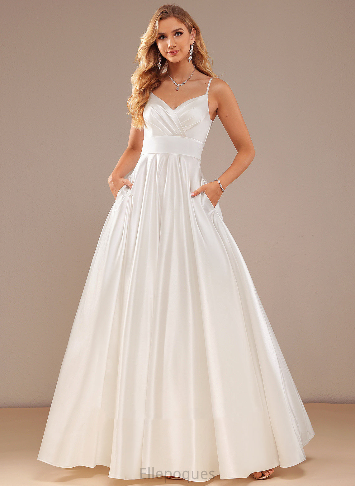 Wedding Satin Wedding Dresses Ball-Gown/Princess Floor-Length With Pockets V-neck Dress Micaela