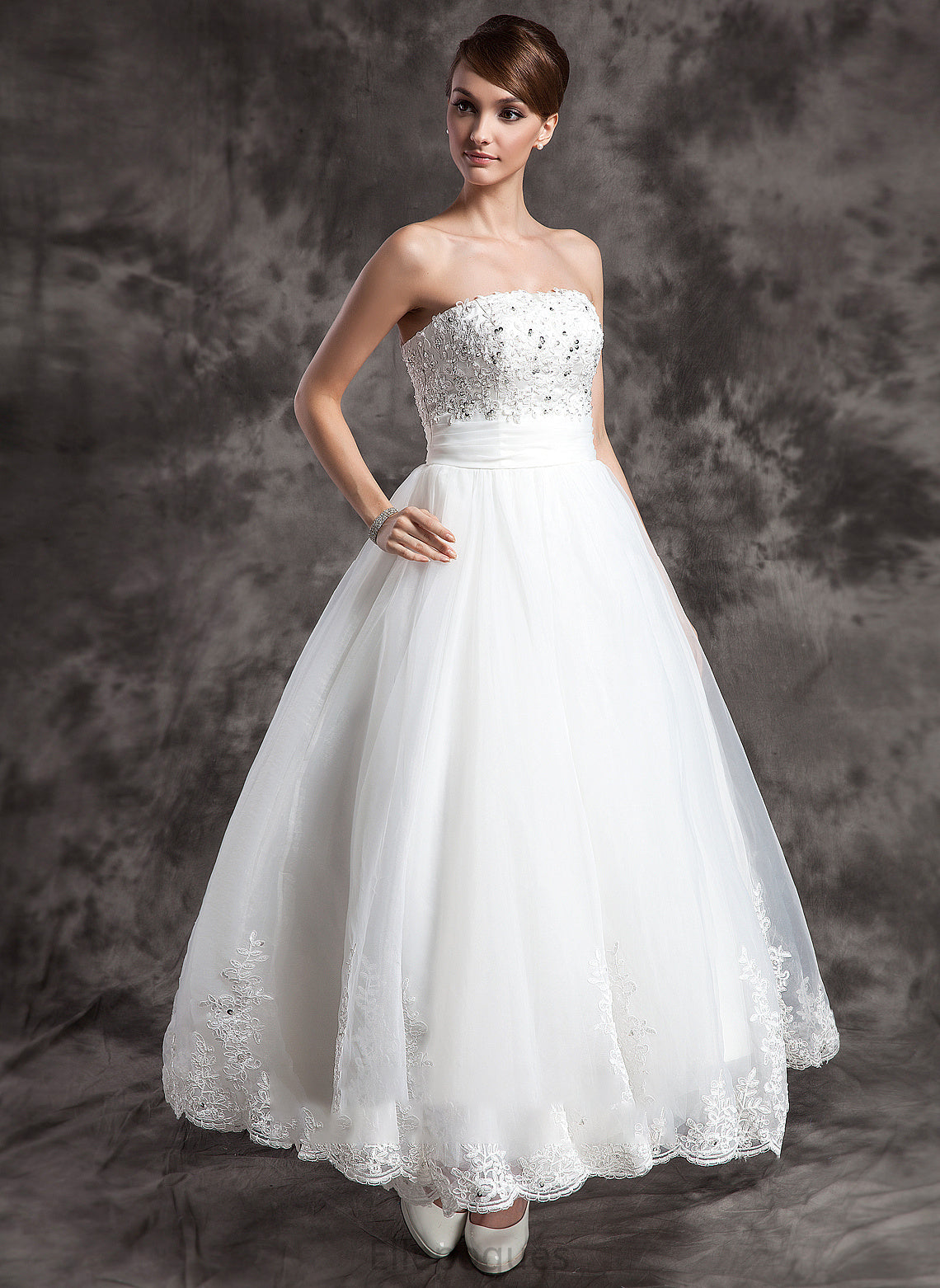 Ball-Gown/Princess Satin Organza Wedding Mignon Wedding Dresses Beading Dress Strapless With Ankle-Length Lace