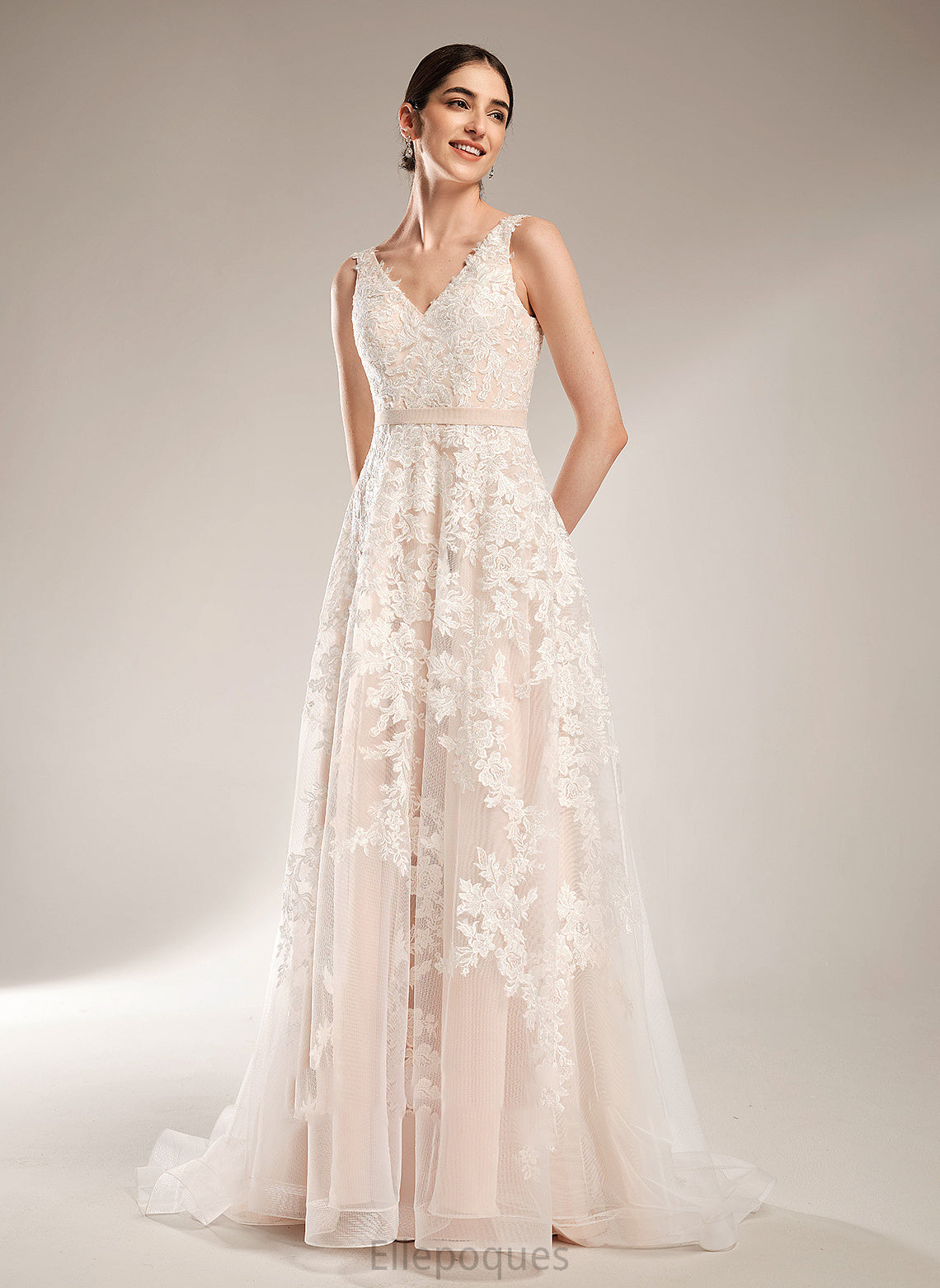 A-Line Dress Train V-neck Court Wedding Dresses Shaylee Wedding