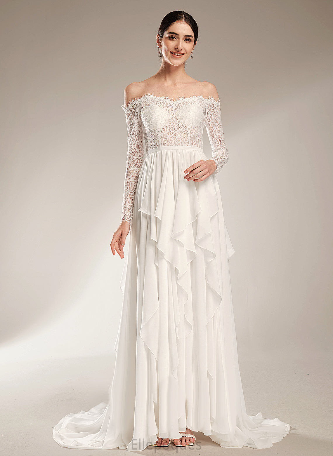 Ruffle Court Dress A-Line Chiffon Off-the-Shoulder Wedding Dresses Wedding Lace With Alissa Train