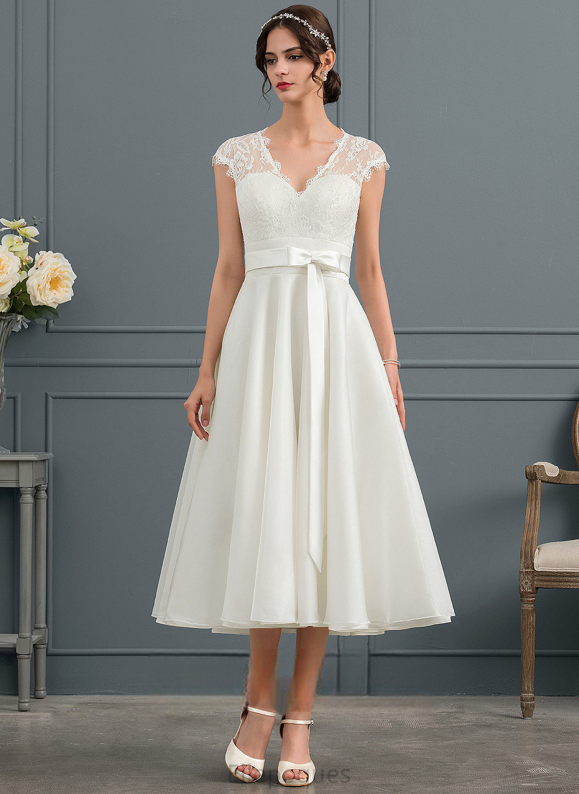 With Satin Dress Lace V-neck A-Line Tea-Length Bow(s) Wedding Dresses Wedding Zara