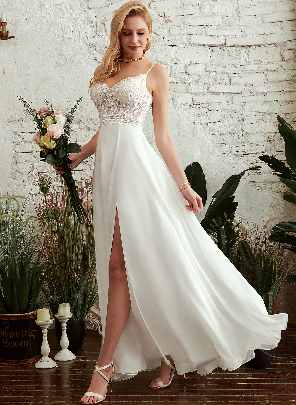 V-neck Wedding Dresses Dress A-Line Lace With Philippa Wedding Front Split Floor-Length Chiffon