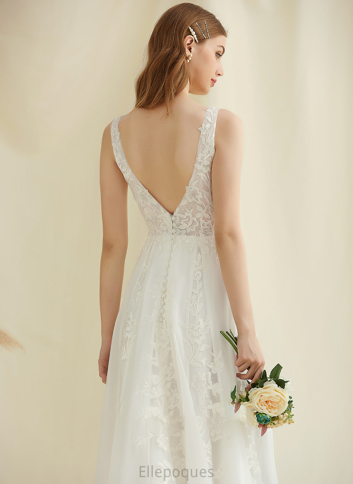 With Sequins A-Line Wedding Dress Wedding Dresses Train Chiffon Sweep Tabitha V-neck Lace