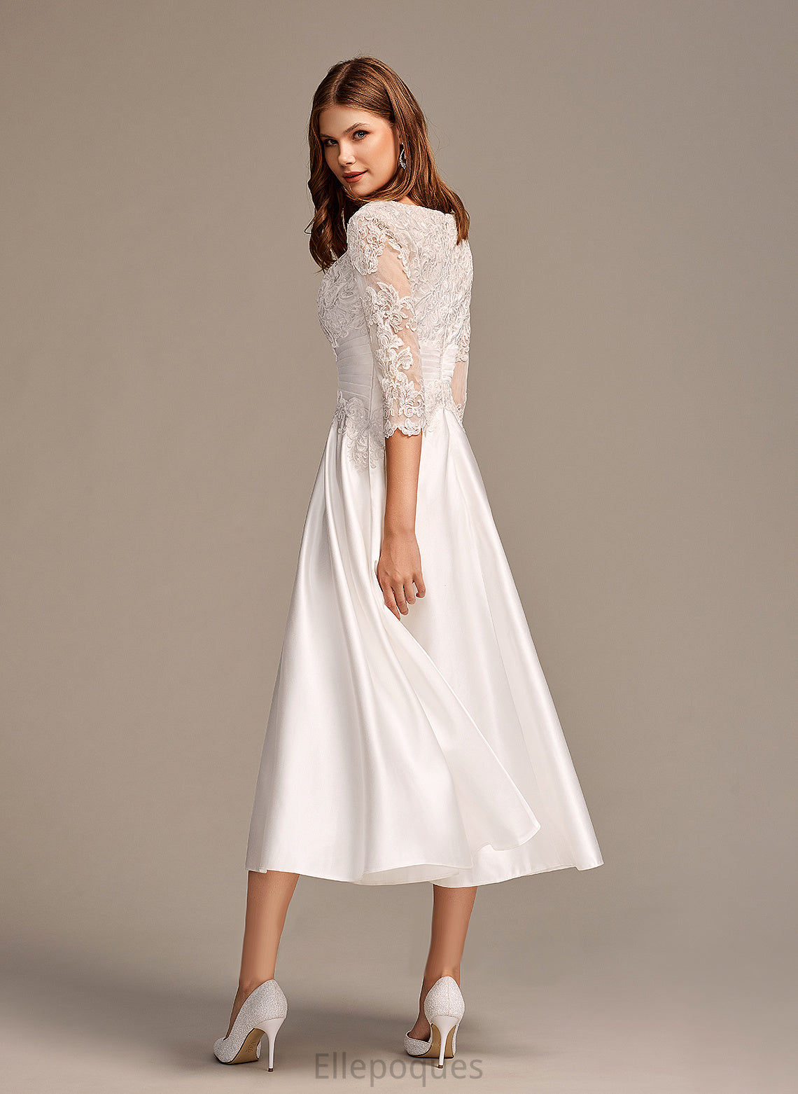 Neck Satin A-Line Wedding Dresses Tea-Length Carlie Dress Scoop With Pockets Wedding Lace