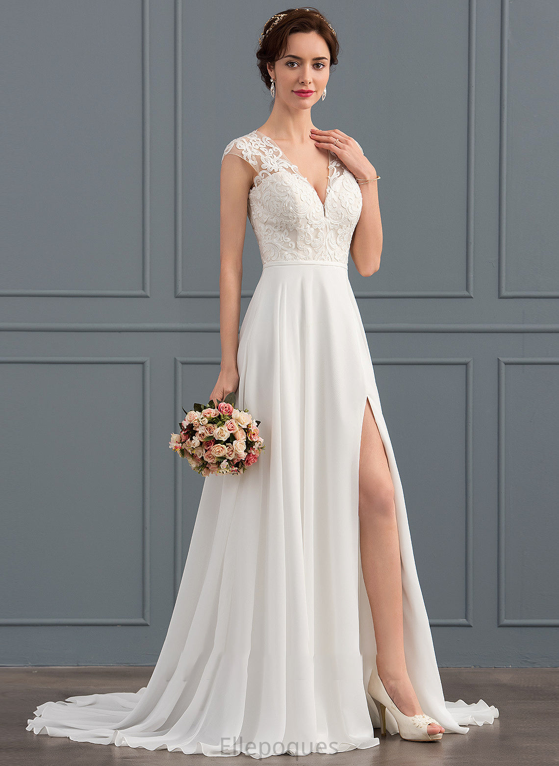 Dress Wedding With Split Chiffon Sweep Sarahi Train A-Line Wedding Dresses Front V-neck