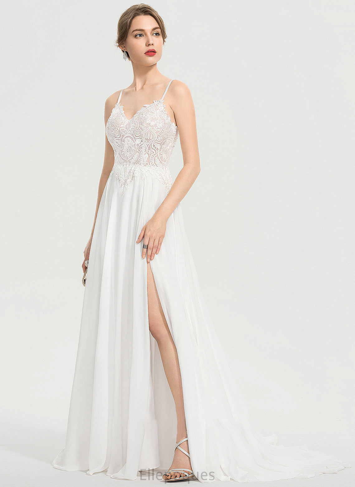 V-neck With Sweep Wedding Split Dress Alexis Front Train Chiffon Wedding Dresses A-Line