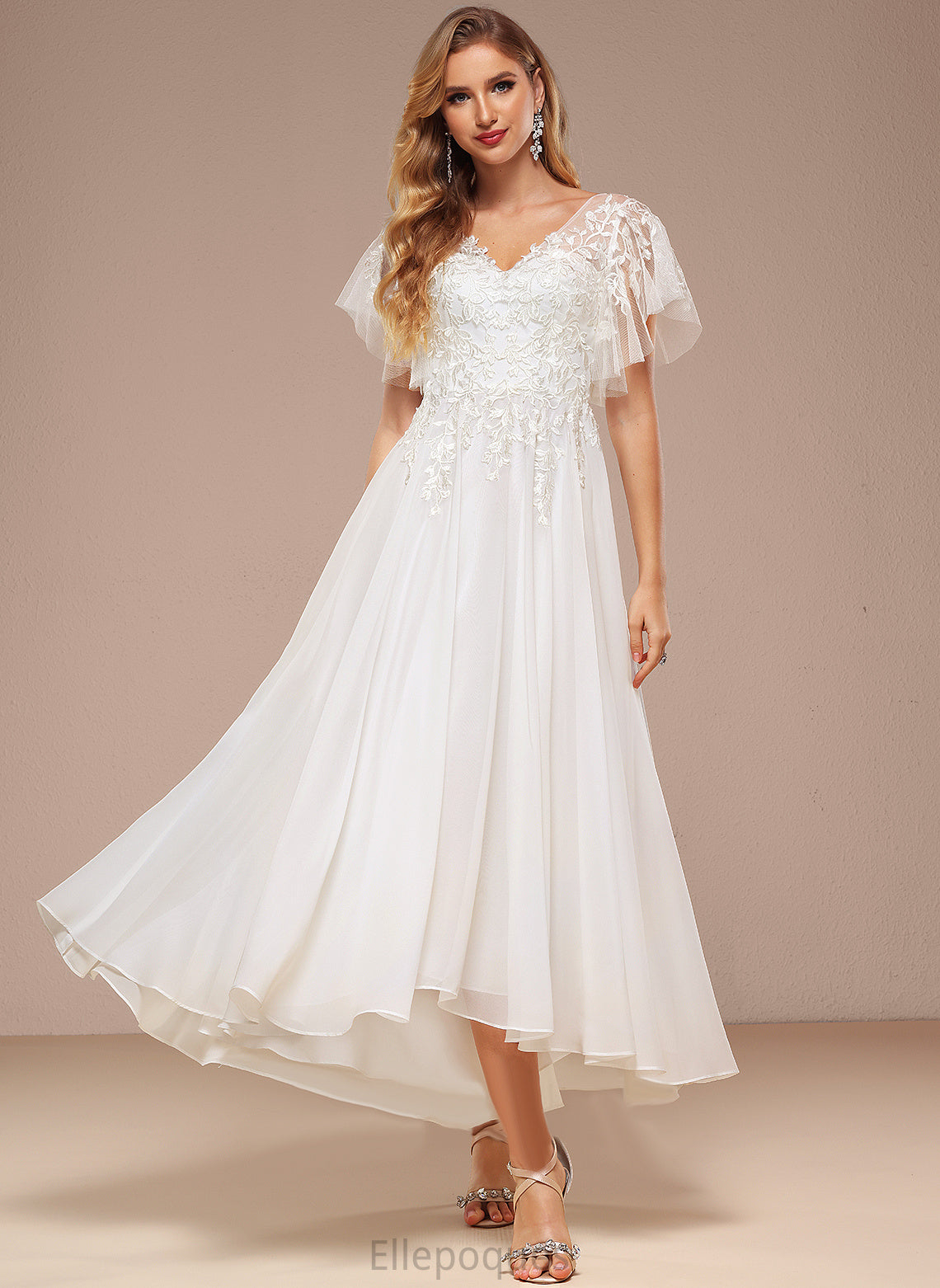 Asymmetrical Riya A-Line V-neck Wedding Wedding Dresses Tulle Dress Lace Ruffle With