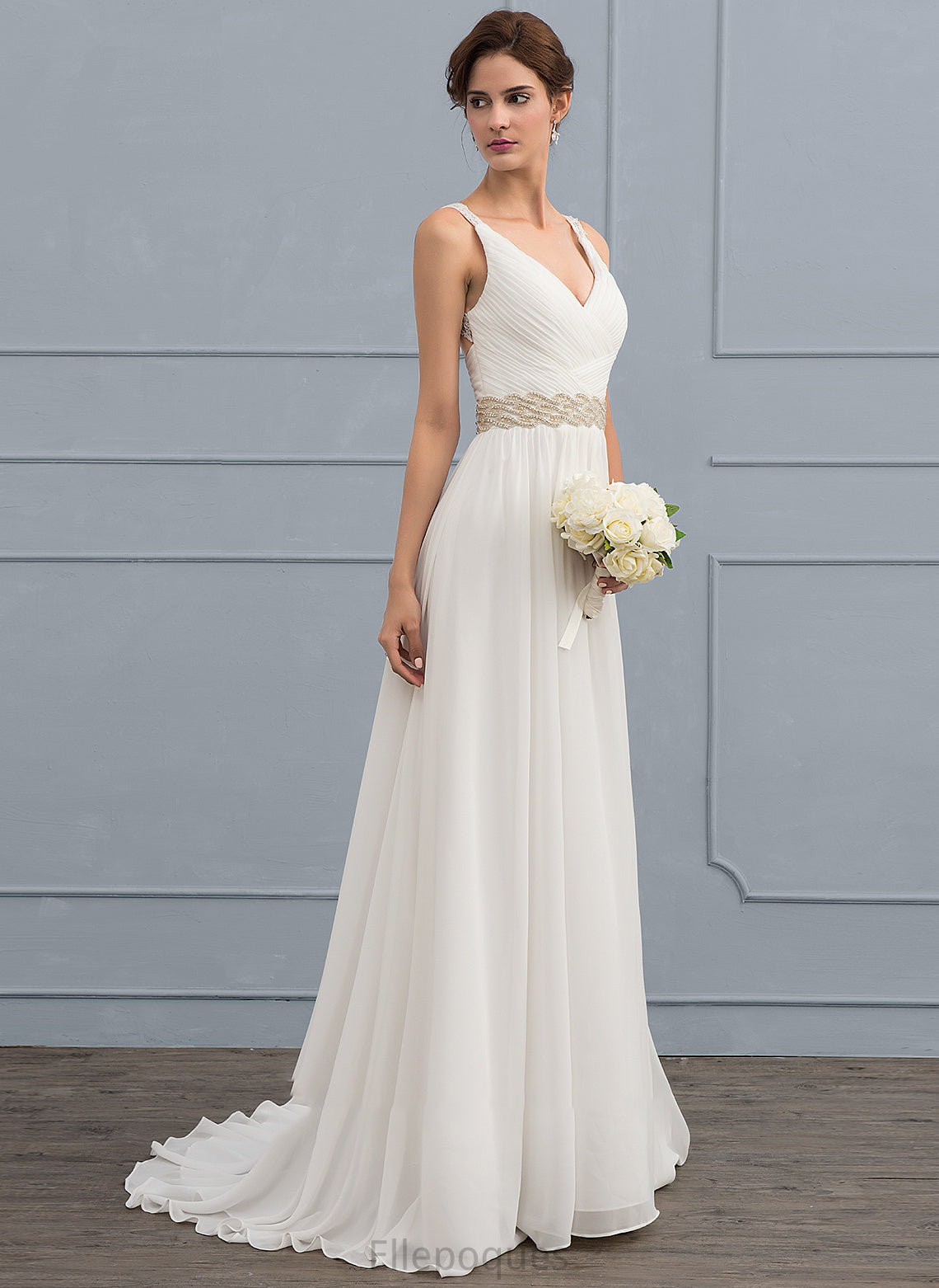 Lace Dress Train Sweep Lailah Wedding Dresses Ruffle V-neck Chiffon With Beading A-Line Wedding Sequins