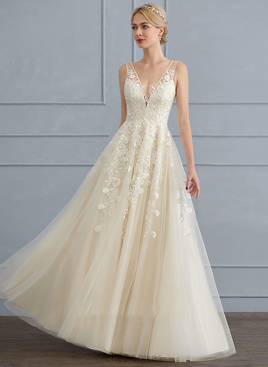 A-Line Sequins Wedding Dresses Floor-Length Lace With V-neck Tulle Estrella Beading Wedding Dress