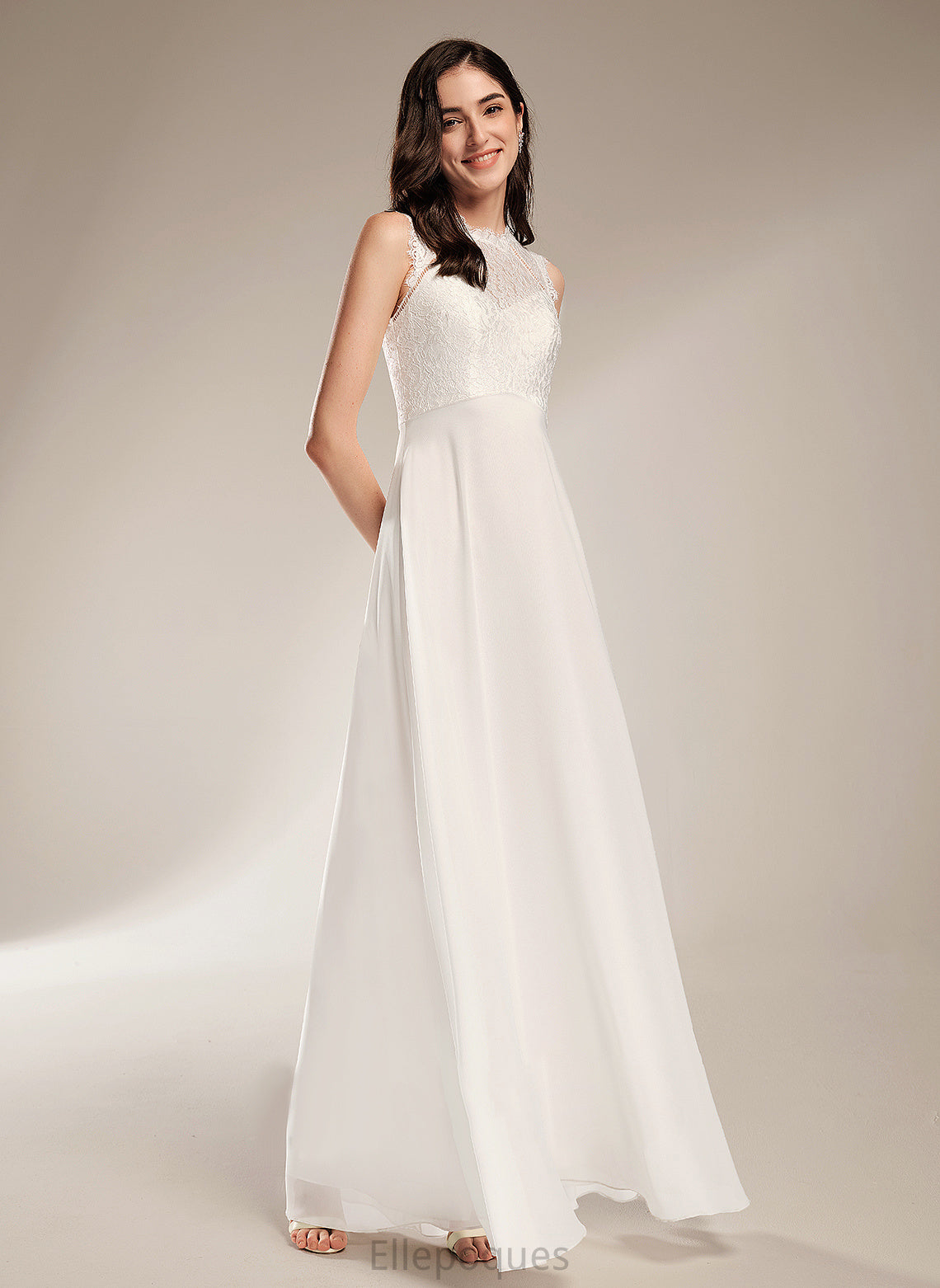 A-Line Floor-Length Dress Scoop Josephine Lace Chiffon Wedding Wedding Dresses