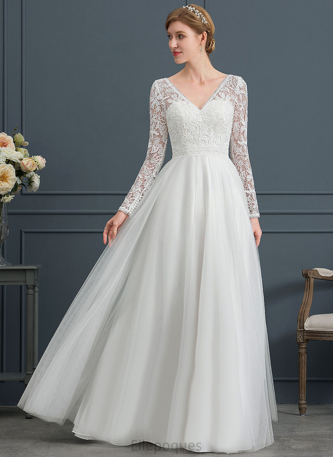 Lace Floor-Length A-Line Ingrid Wedding Tulle Wedding Dresses V-neck Dress