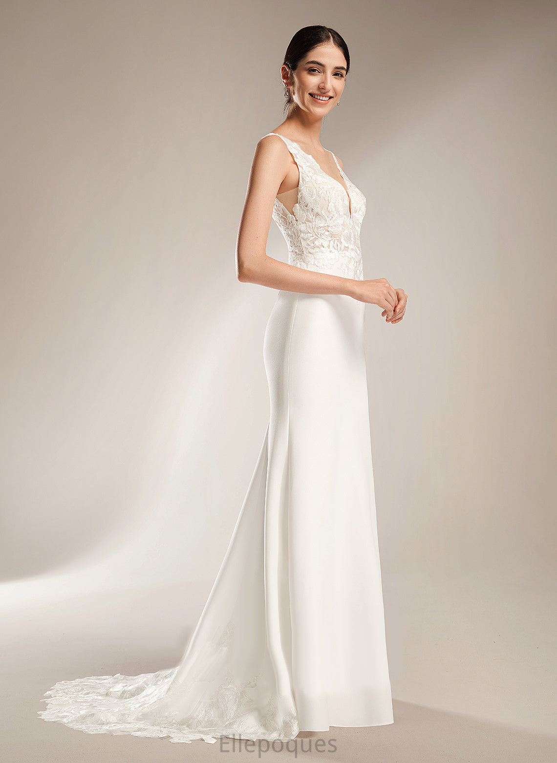 Train Sequins Crepe Court Wedding With Sheath/Column Wedding Dresses Dress Stretch V-neck Belen