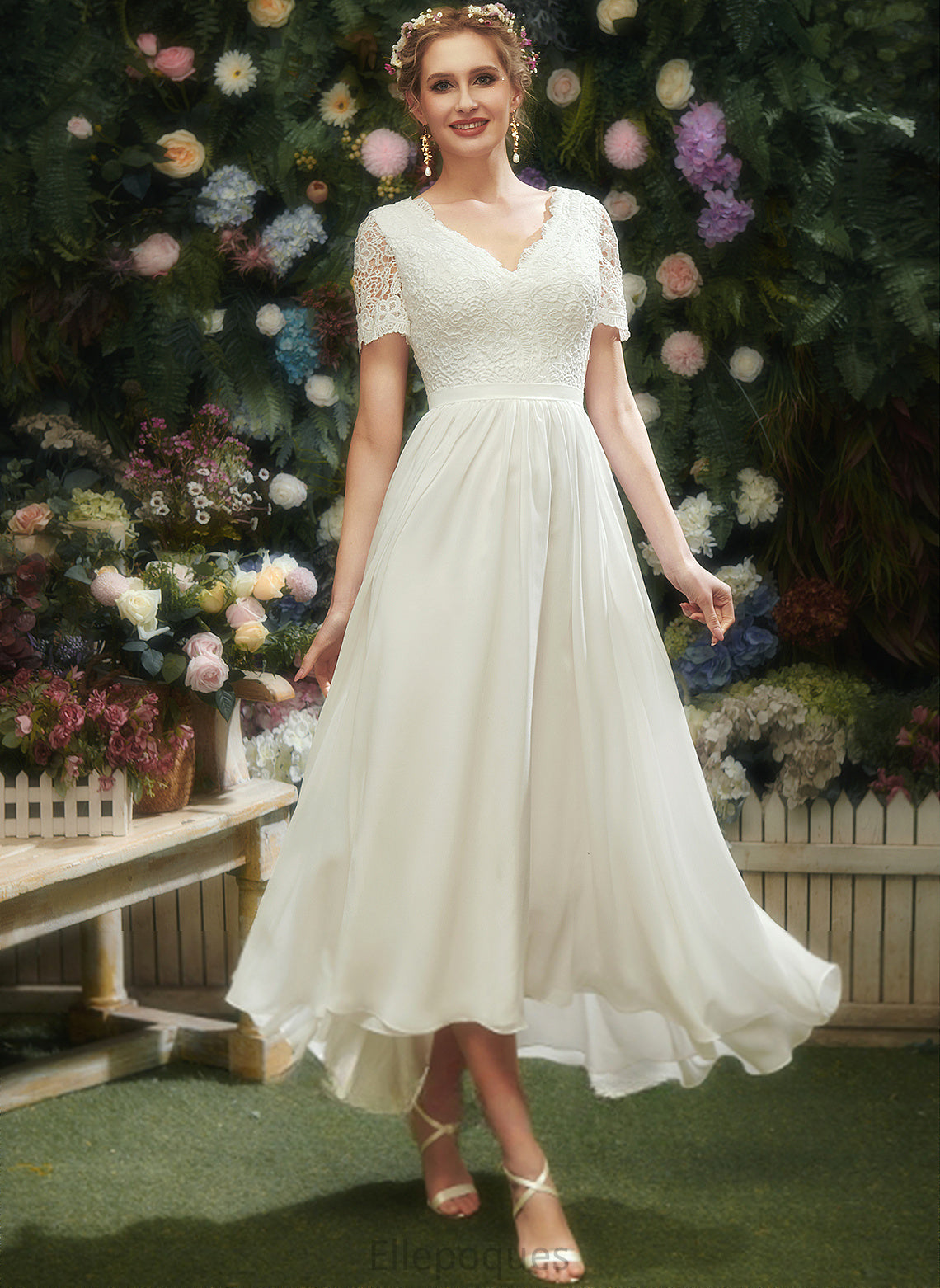 Wedding Saniya Wedding Dresses Lace Asymmetrical Chiffon A-Line Dress V-neck