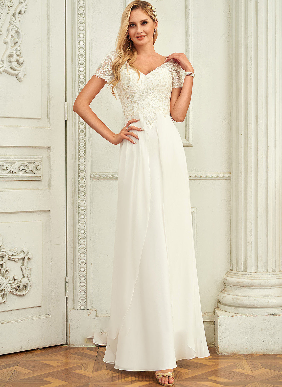 Jazmin Wedding V-neck Chiffon Wedding Dresses Lace A-Line Dress Lace Floor-Length With