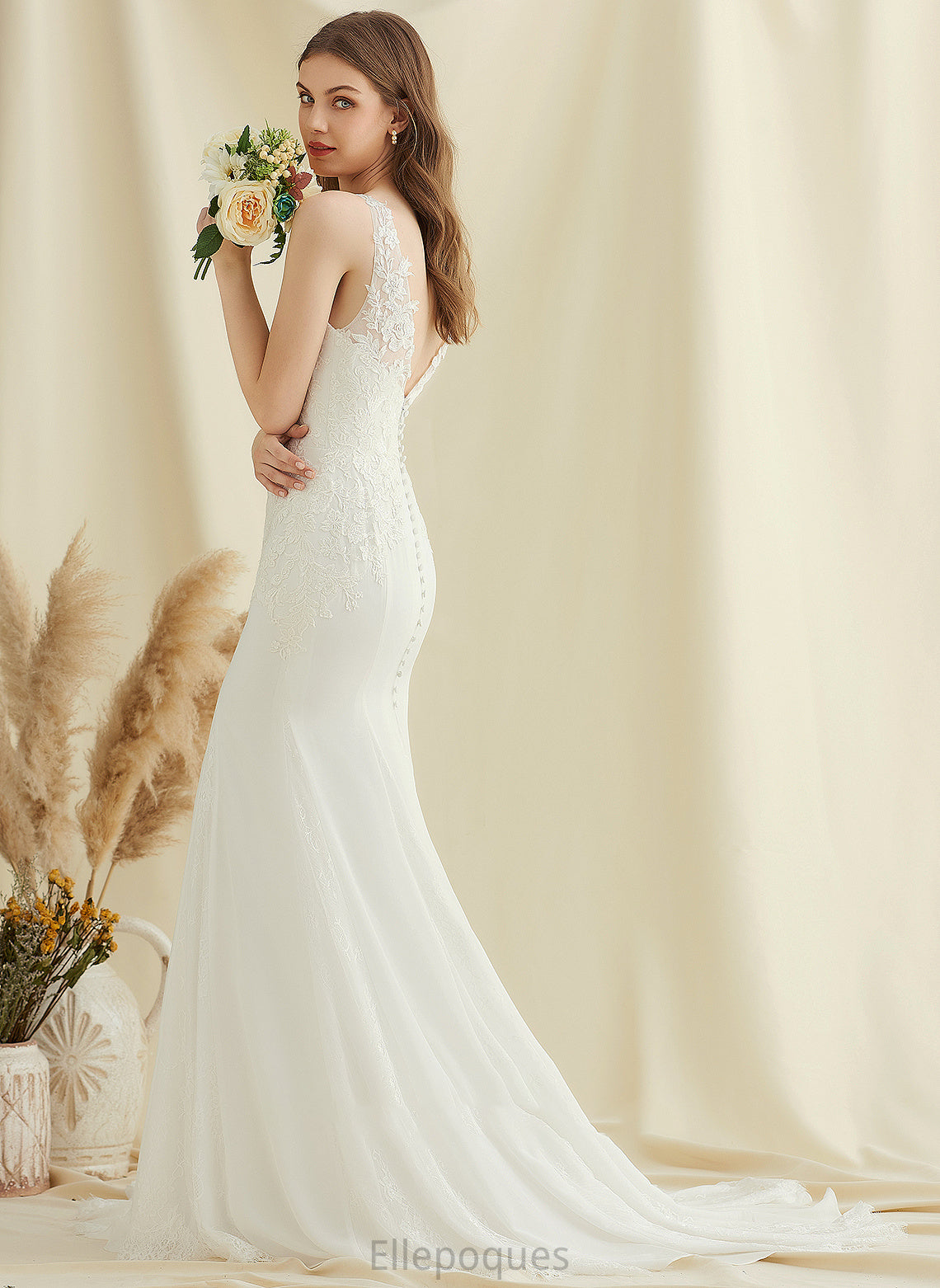 Wedding Court Dress Chiffon Maryjane Trumpet/Mermaid Wedding Dresses Lace Train V-neck