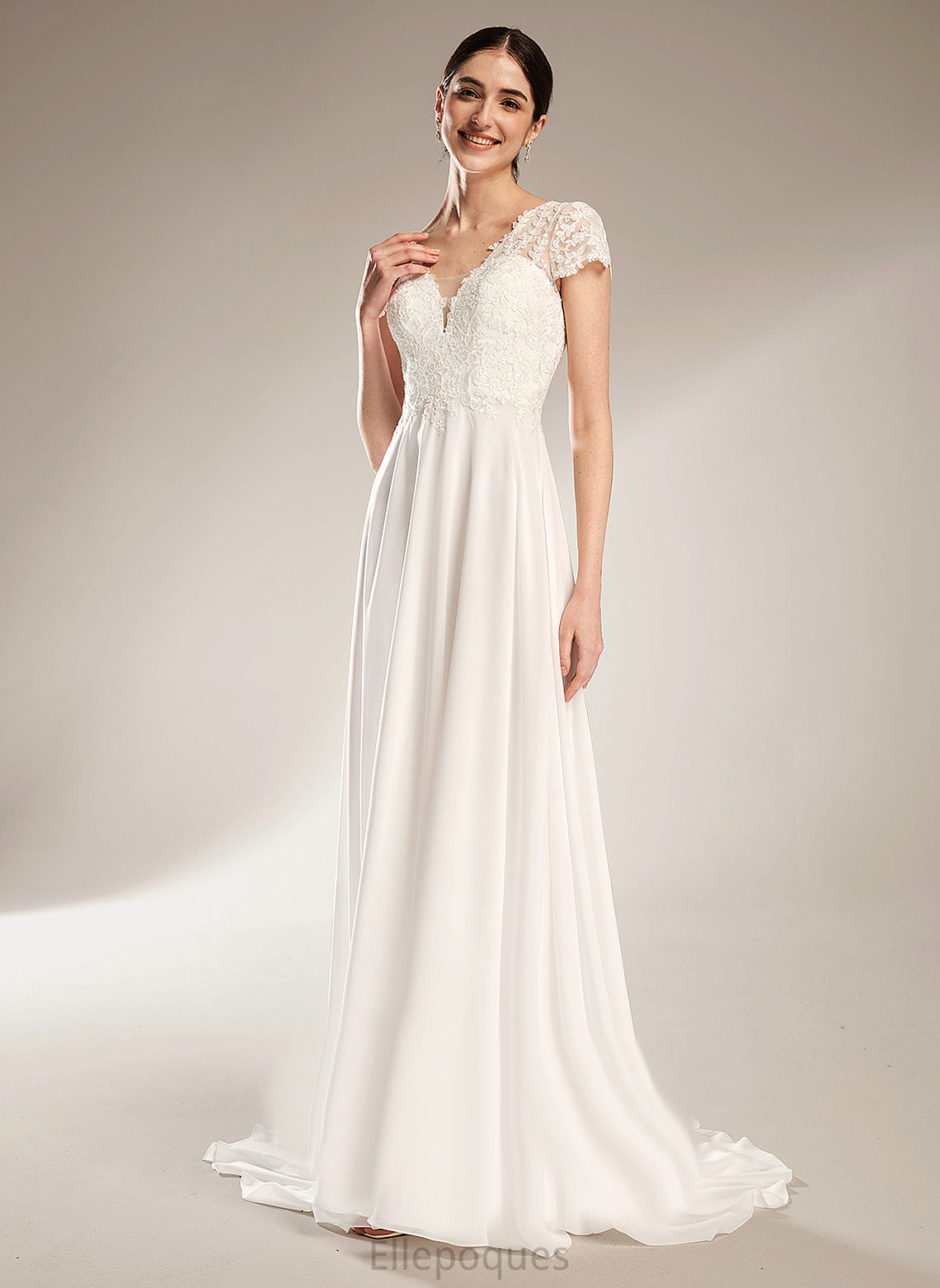 Dress With Lace A-Line Wedding Dresses Court V-neck Wedding Train Bow(s) Chiffon Caylee