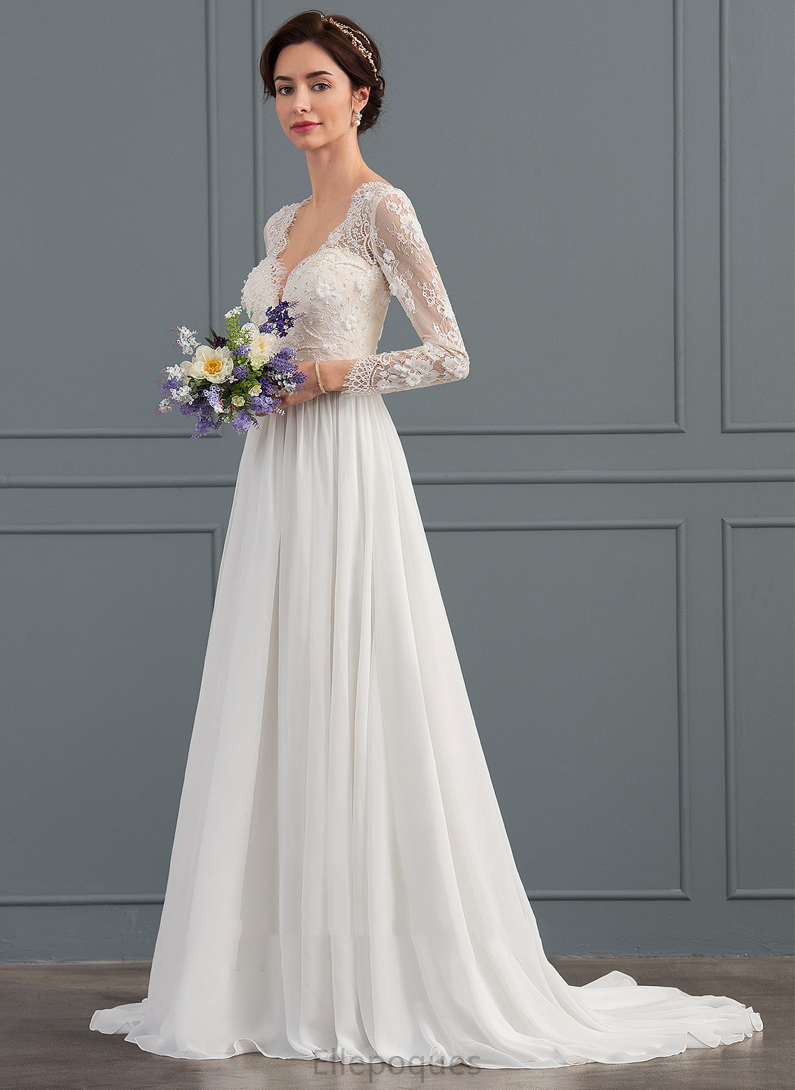 Sweep Wedding Dresses Sequins Train Dress Cassie With Lace Chiffon Wedding A-Line Beading V-neck