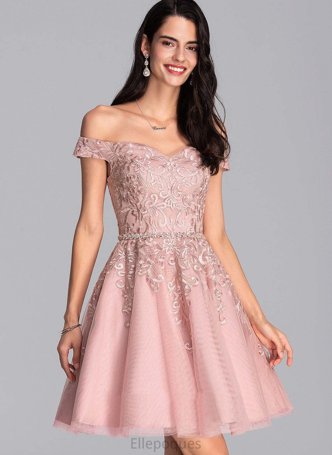 Homecoming Dresses A-Line Dress Homecoming Lace Tulle With Short/Mini Beading Yadira Off-the-Shoulder