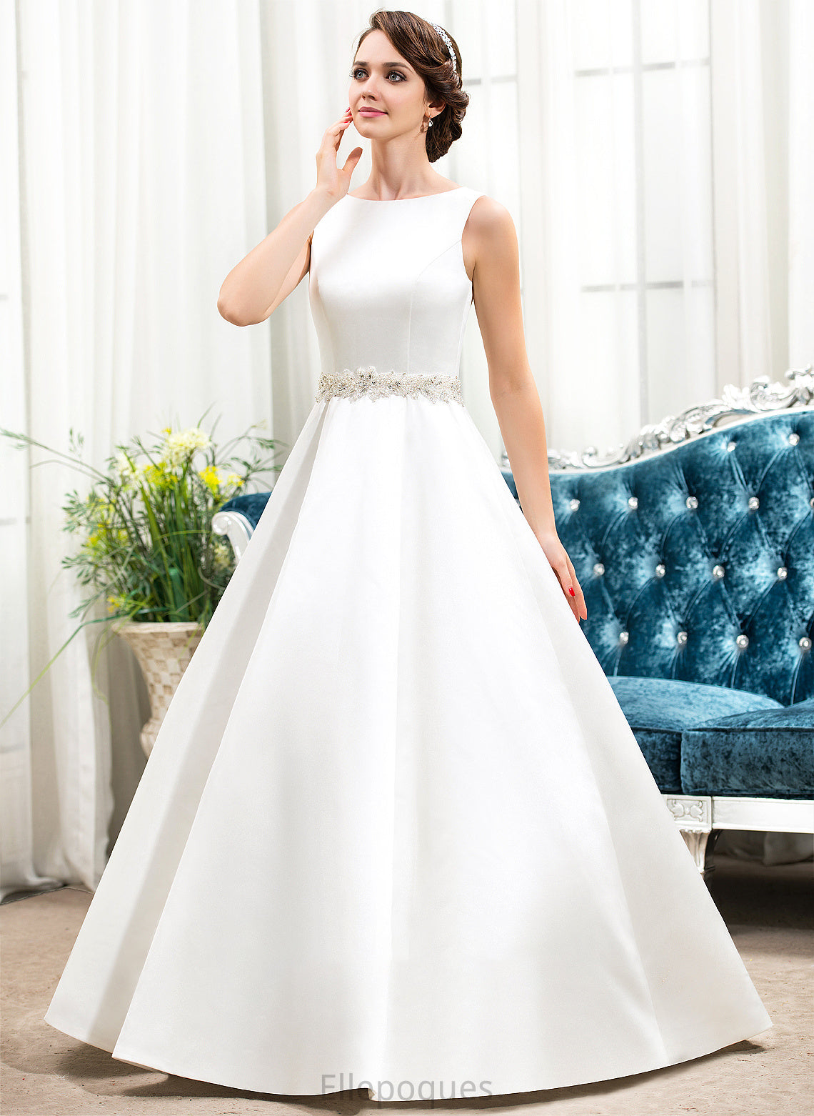 Ball-Gown/Princess Beading Neck Dress Ally Wedding Satin Floor-Length Scoop With Wedding Dresses Sequins