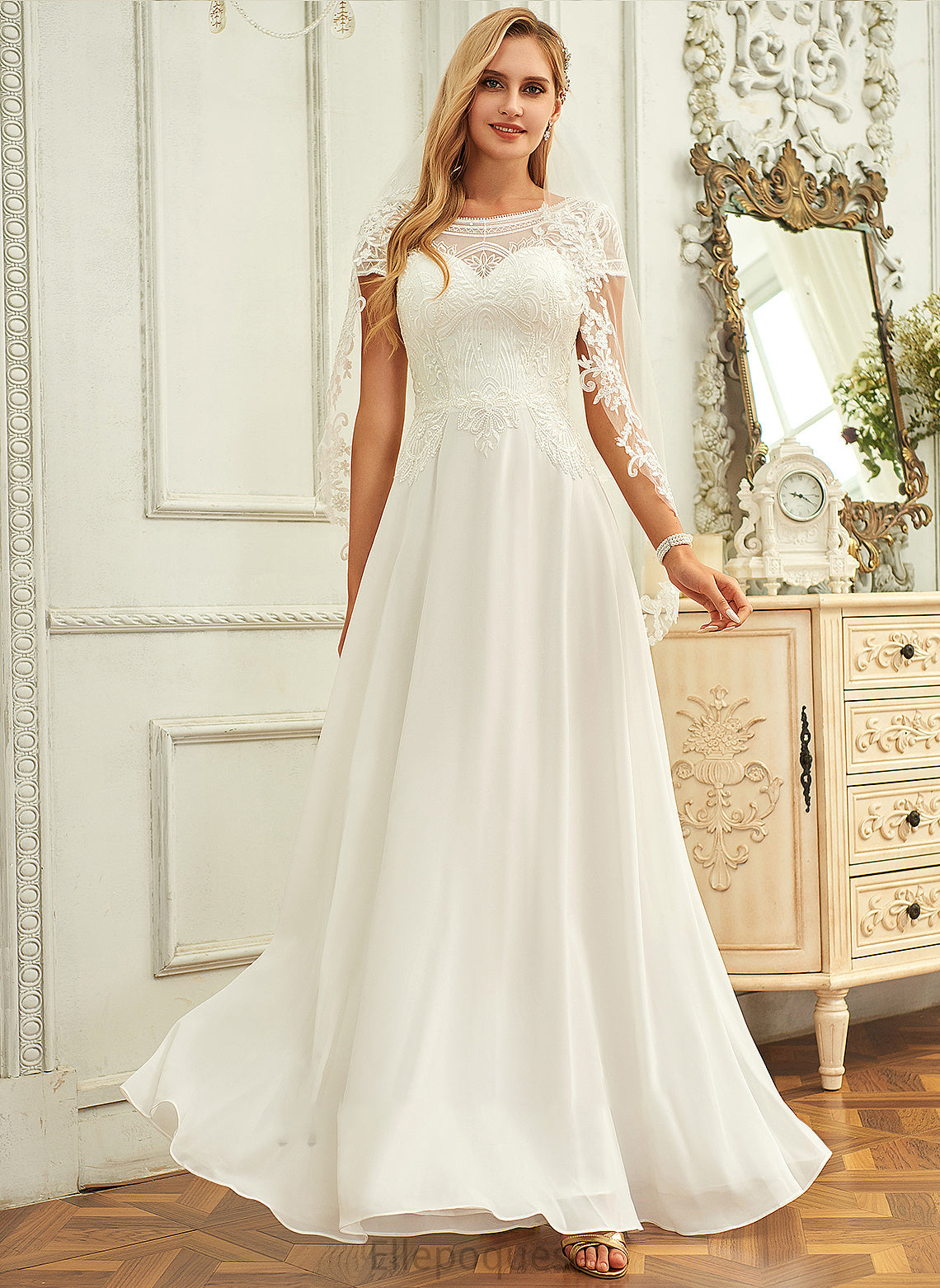 Neck Lace Floor-Length Wedding Dresses Wedding Sequins Chiffon With Scoop Dress Sloane A-Line