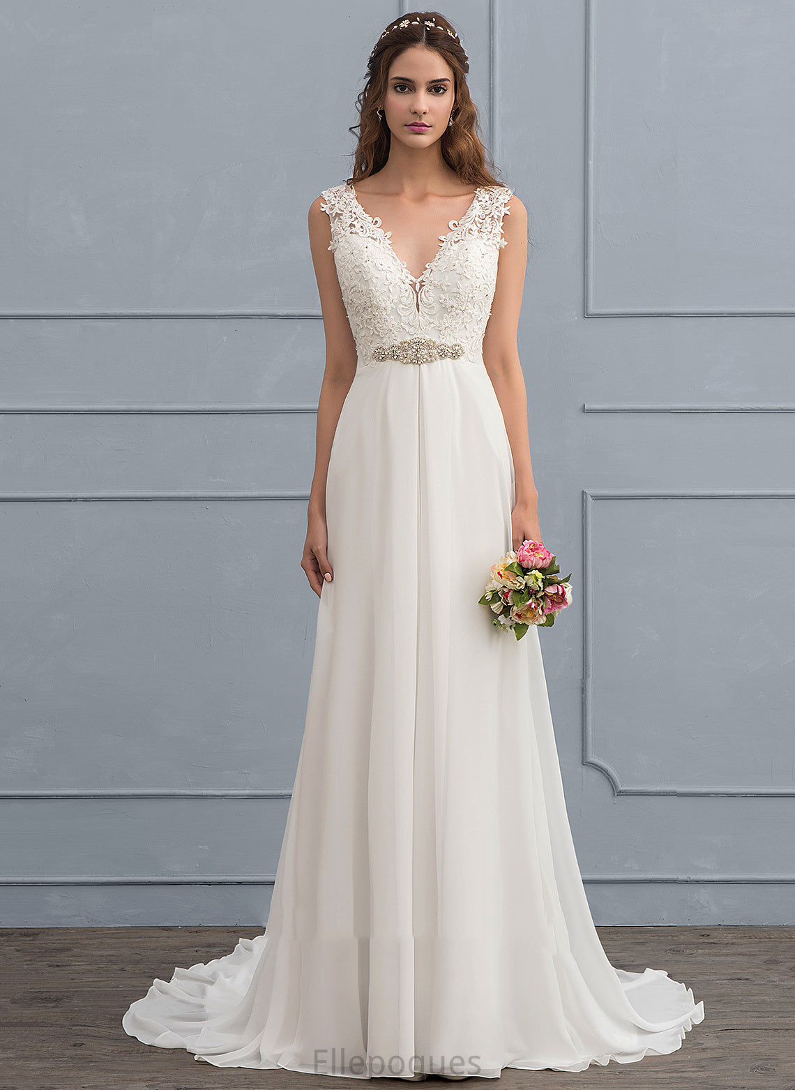 Beading Sequins V-neck Chiffon Dress With Wedding Dresses Train Arianna Lace Wedding Court A-Line