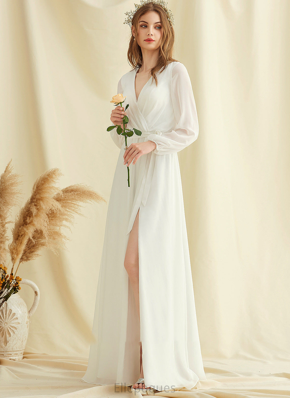 Front Wedding Split Chiffon V-neck Floor-Length Wedding Dresses Cloe With Dress A-Line