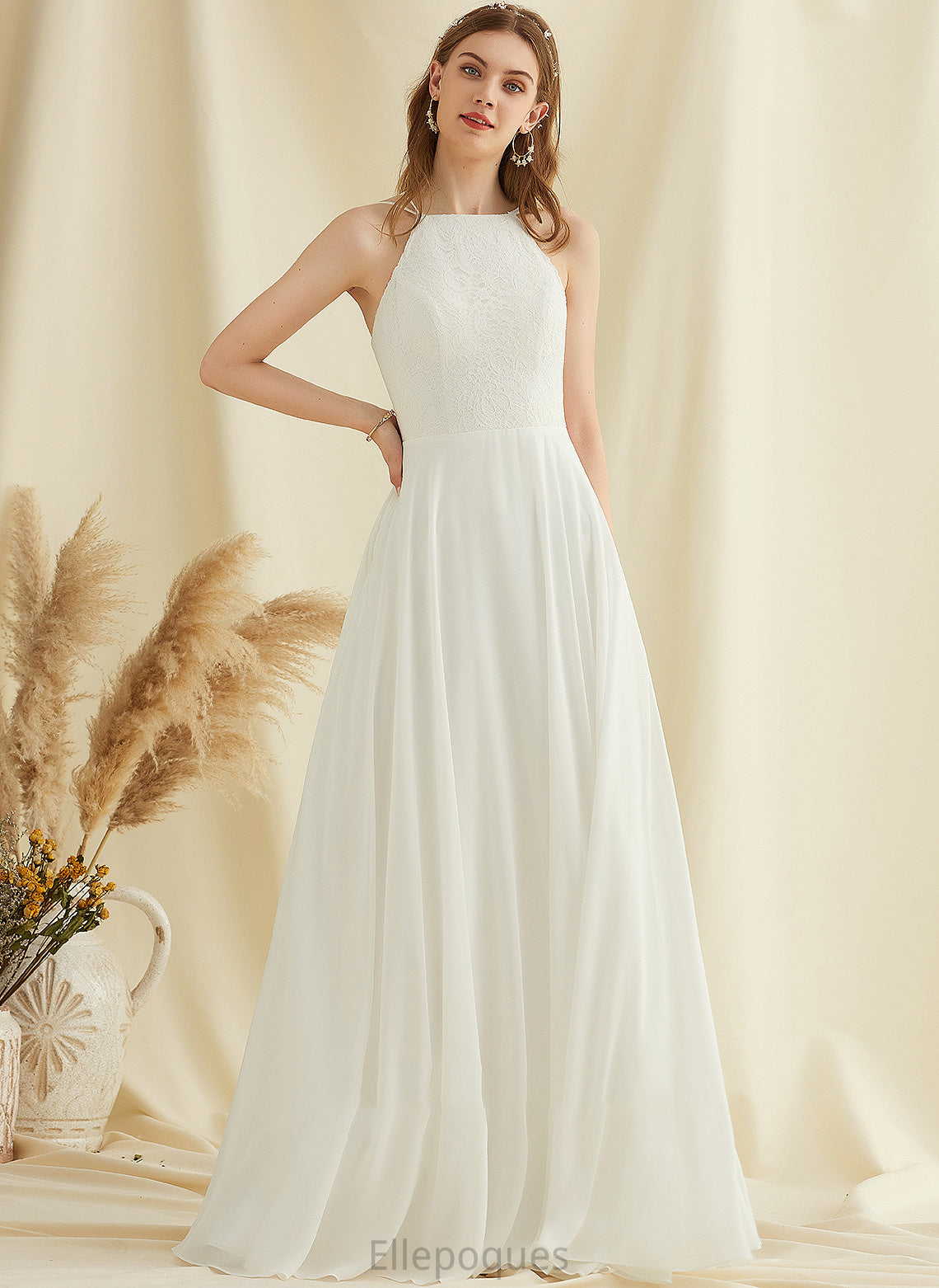 With Floor-Length Scoop Chiffon Wedding Wedding Dresses A-Line Dress Lace Thirza Neck Pockets