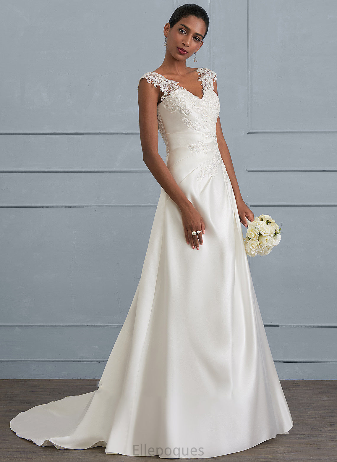 Dress Sweep Train V-neck With Wedding Satin Ruffle Beading Sequins Ball-Gown/Princess Makayla Wedding Dresses