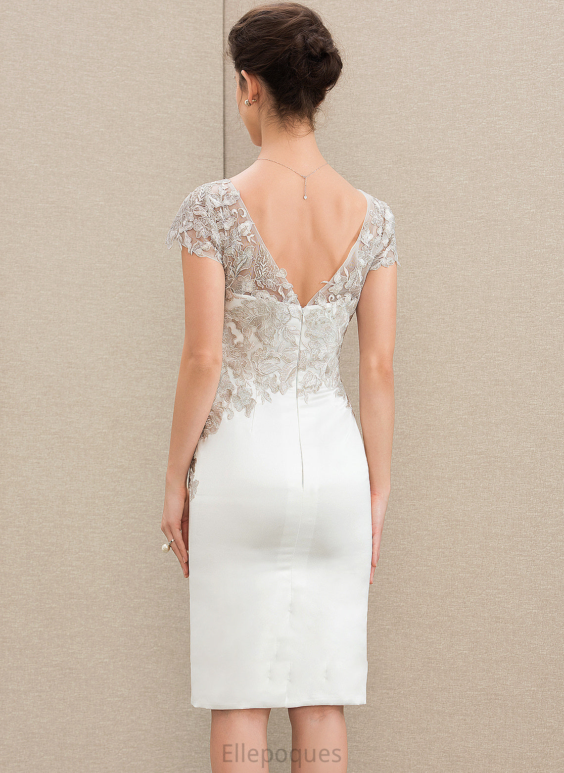 Elle Sheath/Column Knee-Length Lace Dress Wedding Wedding Dresses V-neck Satin