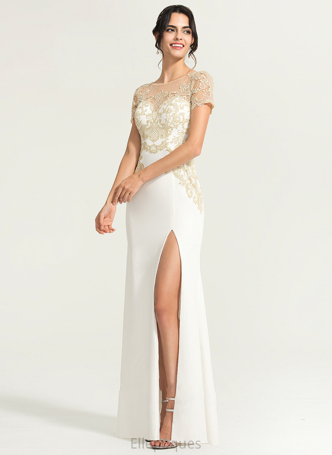 Neck Shayna Floor-Length Front Split Crepe Wedding Sheath/Column Dress Wedding Dresses With Stretch Scoop