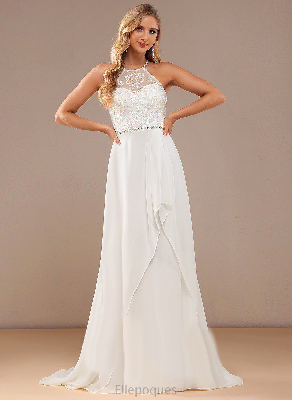 Sweep Wedding Dresses With Neck Train Sequins Lace Sydnee High Wedding A-Line Chiffon Beading Dress Lace