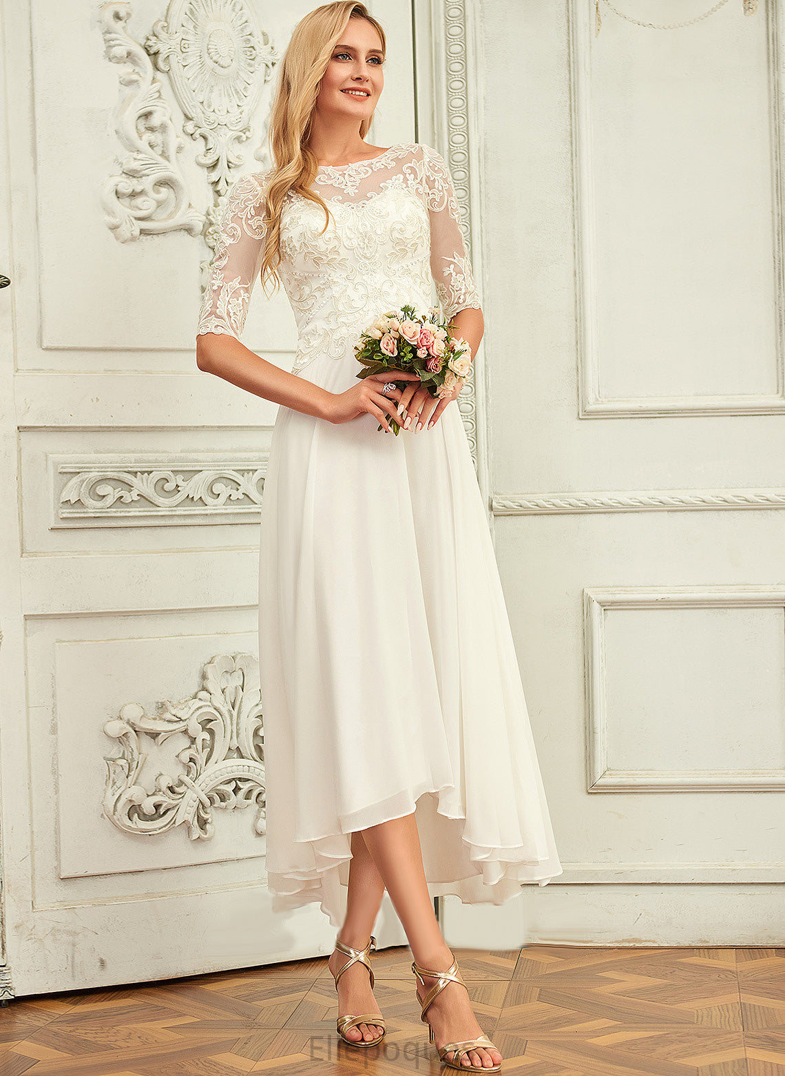 Sequins Dress Wedding Asymmetrical Beading With A-Line Lace Chiffon Fatima Wedding Dresses Scoop