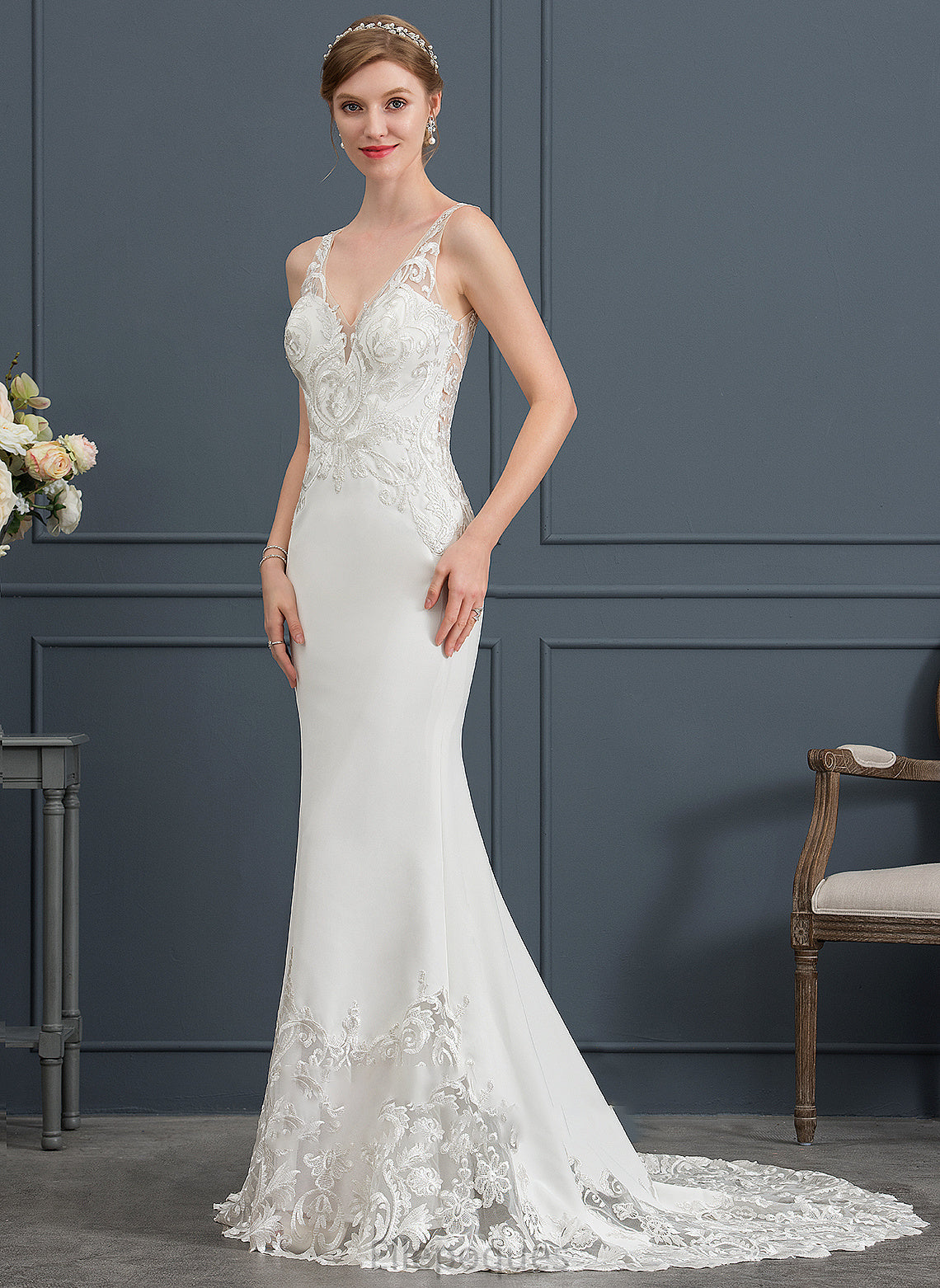 Trumpet/Mermaid Crepe Nyla Stretch V-neck Wedding Court Train Dress Wedding Dresses